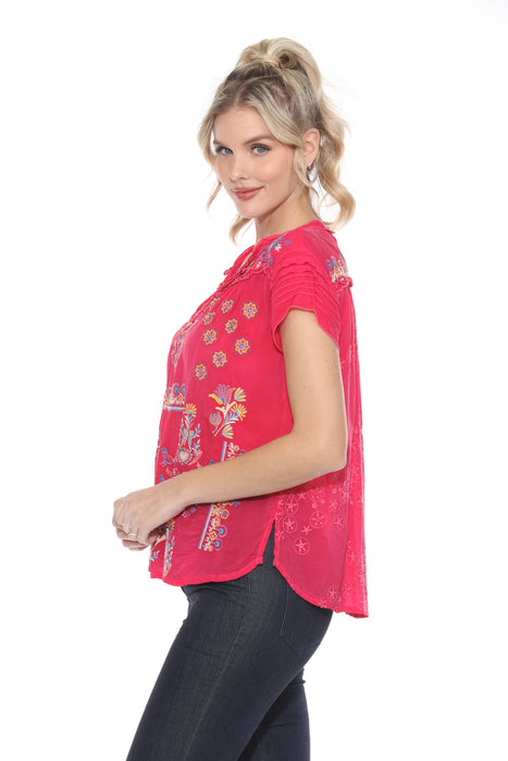 Johnny Was Pink Lafaret Embroidered Split V-Neck Blouse C14424