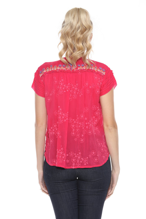 Johnny Was Pink Lafaret Embroidered Split V-Neck Blouse C14424