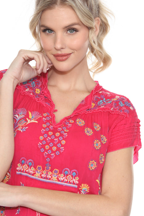 Johnny Was Pink Lafaret Embroidered Split V-Neck Blouse C14424