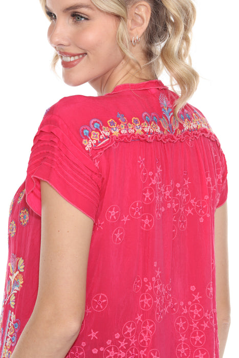 Johnny Was Pink Lafaret Embroidered Split V-Neck Blouse C14424