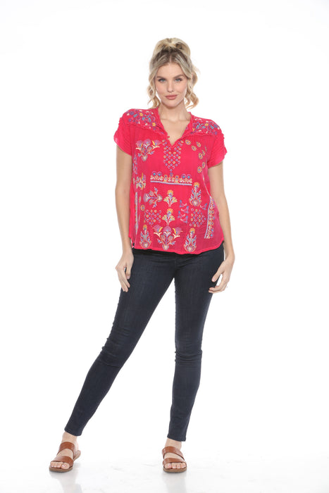 Johnny Was Pink Lafaret Embroidered Split V-Neck Blouse C14424