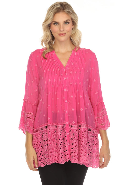 Johnny Was Style C27223 Pink Manchengo Button-Down Eyelet Embroidered Tunic Top Boho Chic