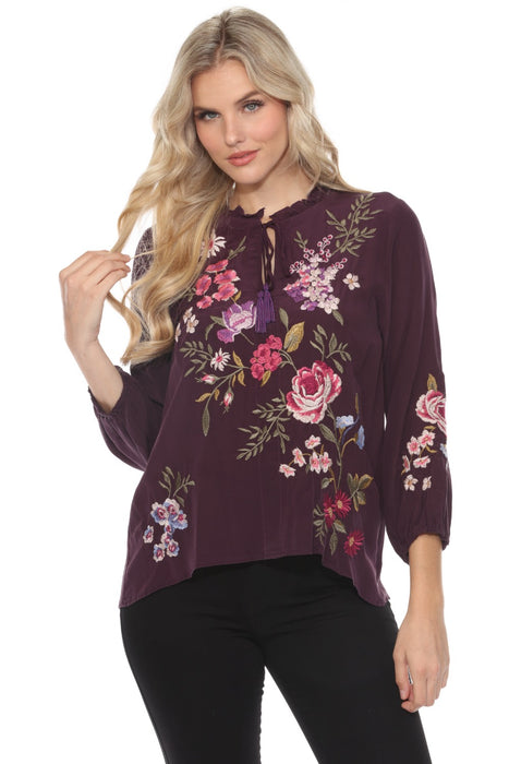 Johnny Was Workshop Style W15224 Purple Floral Embroidered Silk Blouse