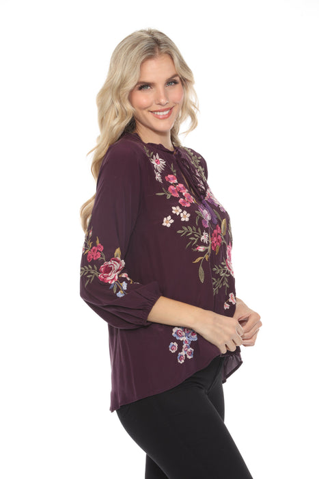 Johnny Was Workshop Purple Floral Embroidered Silk Blouse W15224