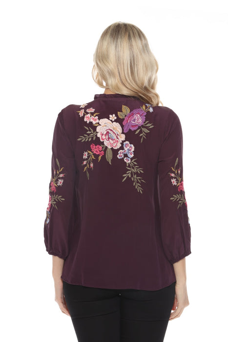 Johnny Was Workshop Purple Floral Embroidered Silk Blouse W15224