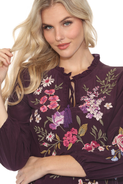 Johnny Was Workshop Purple Floral Embroidered Silk Blouse W15224