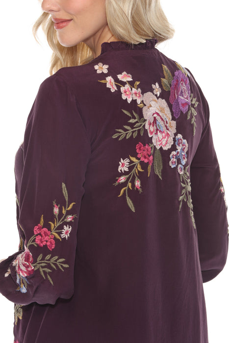 Johnny Was Workshop Purple Floral Embroidered Silk Blouse W15224