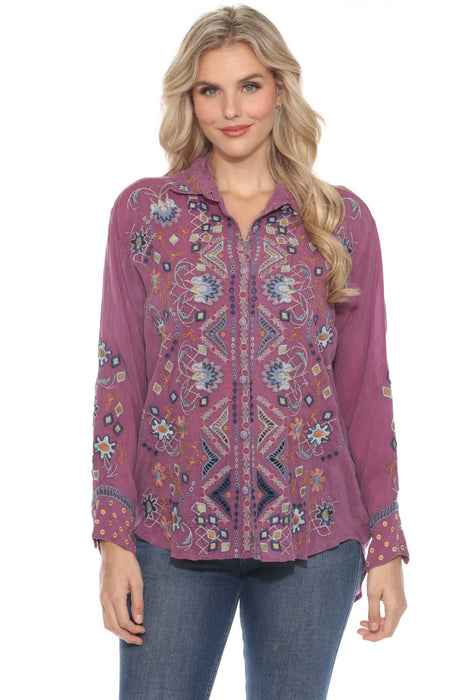 Johnny Was Style C17723 Purple McKenzie Embroidered Button-Down Blouse