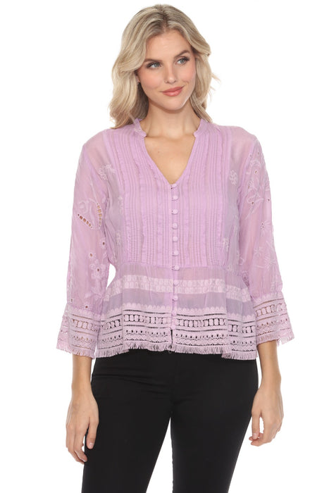 Johnny Was Style C12124 Purple Molly Isabel Fringe V-Neck Blouse