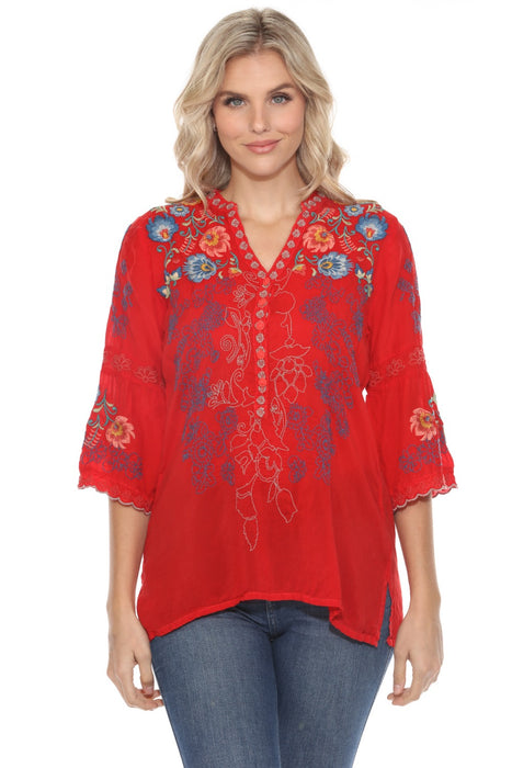 Johnny Was Style C88824 Red Embroidered 3/4 Sleeve V-Neck Blouse