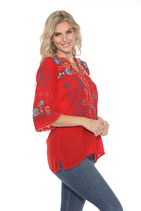 Johnny Was Red Floral Embroidered 3/4 Sleeve V-Neck Blouse C88824