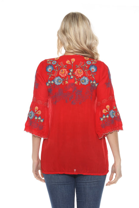 Johnny Was Red Floral Embroidered 3/4 Sleeve V-Neck Blouse C88824