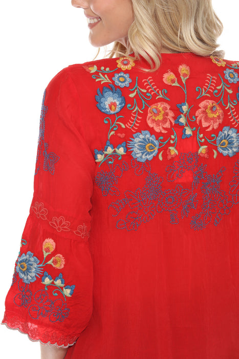 Johnny Was Red Floral Embroidered 3/4 Sleeve V-Neck Blouse C88824