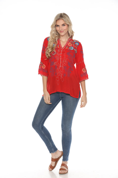 Johnny Was Red Floral Embroidered 3/4 Sleeve V-Neck Blouse C88824