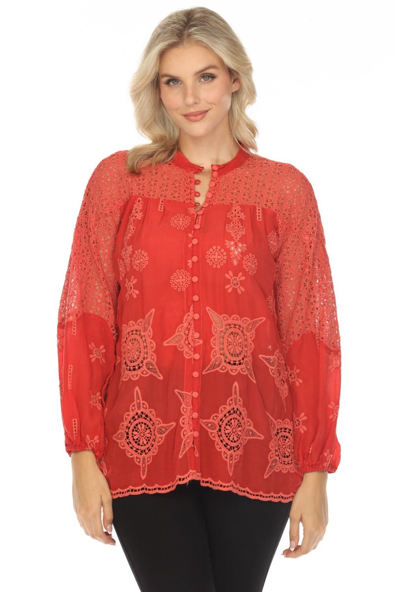 Johnny Was Sheer Cream Blouse Red Embroidered outlet Size XS