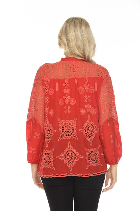 Johnny Was Red Eyelet Embroidered Button-Down Blouse C19324 Boho Chic