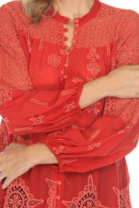 Johnny Was Red Eyelet Embroidered Button-Down Blouse C19324 Boho Chic