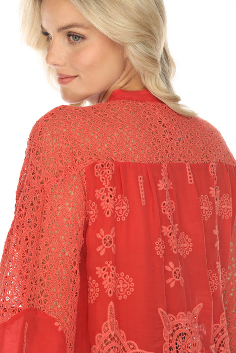 Johnny Was Red Eyelet Embroidered Button-Down Blouse C19324 Boho Chic