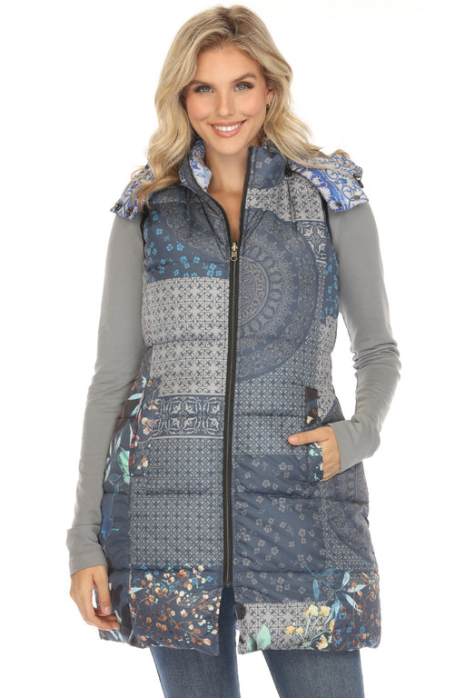 Johnny Was Style LL3243 Blue Reversible Hooded Long Puffer Vest