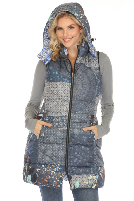 Johnny Was Style LL3243 Blue Reversible Hooded Long Puffer Vest