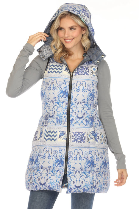 Johnny Was Style LL3243 Blue Reversible Hooded Long Puffer Vest