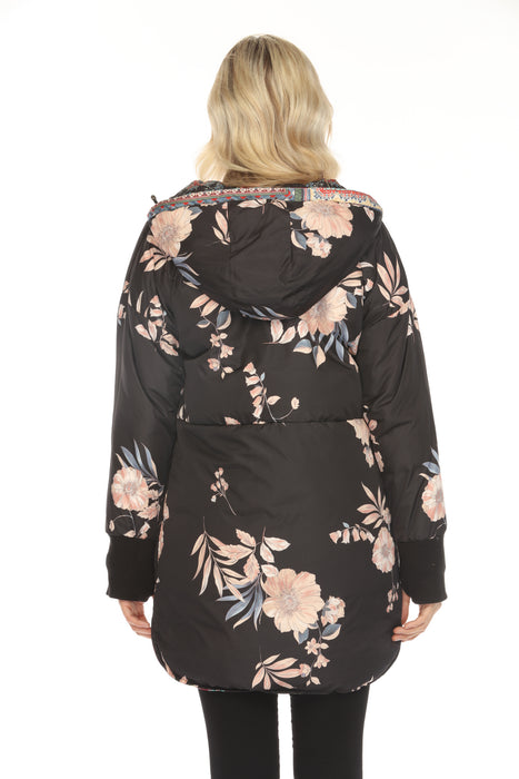 Johnny Was Black Floral Reversible Hooded Puffer Coat JW65670