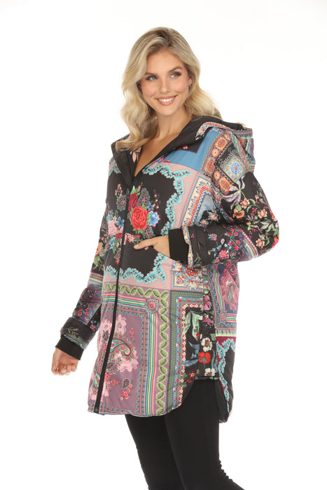 Johnny Was Black Floral Reversible Hooded Puffer Coat JW65670