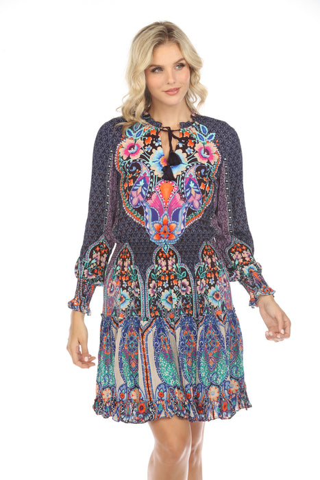 Johnny Was Style CSW5721-J Saba Smocked Long Sleeve Swim Cover-Up Dress Boho Chic