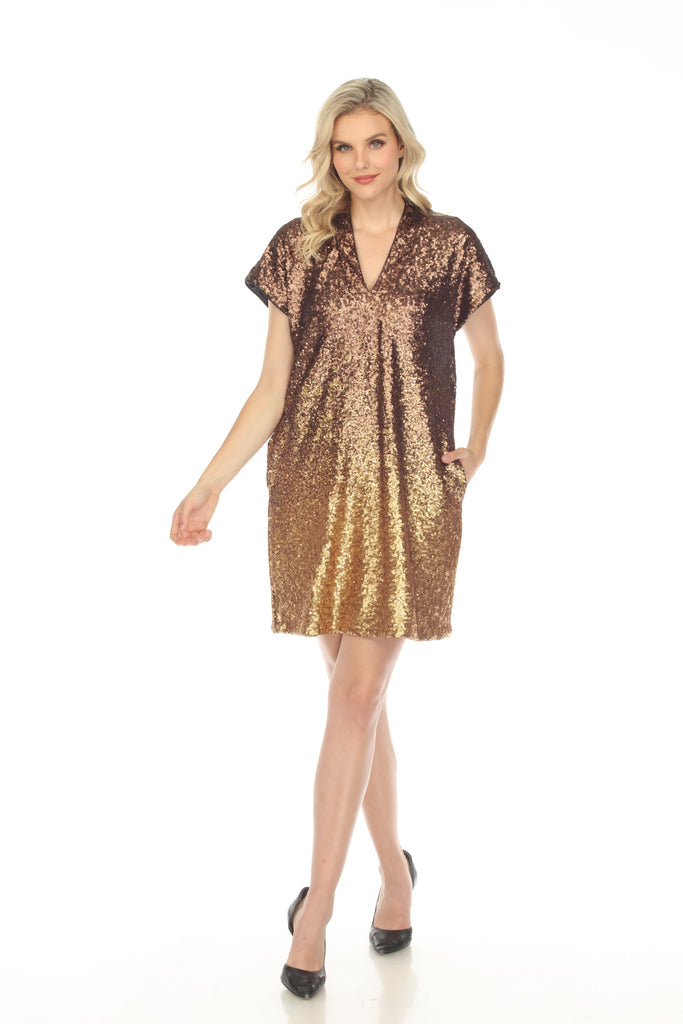 Johnny Was Sequin Gold Alma V Neck Shift Dress Boho Chic R30223