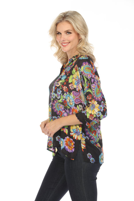 Johnny Was Silk Floral Button Front 3/4 Sleeve Blouse Boho Chic C19824