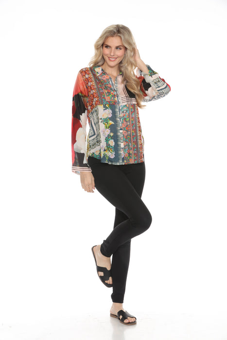 Johnny Was Silk Printed Button-Down Long Sleeve Shirt C99924