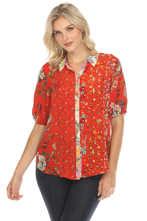 Johnny Was Style C13624B Steph Button-Up Floral Silk Blouse Boho Chic