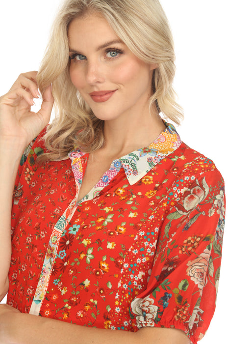 Johnny Was Steph Button-Up Floral Silk Blouse C13624B Boho Chic