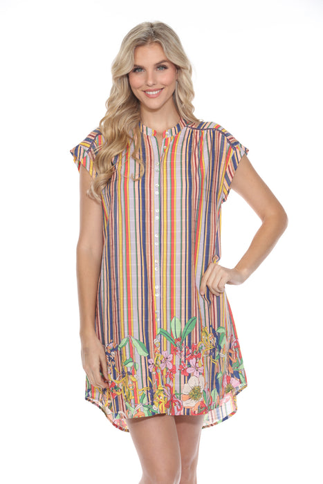 Johnny Was Style R33524-4 Stripe Floral Button-Down Shift Dress