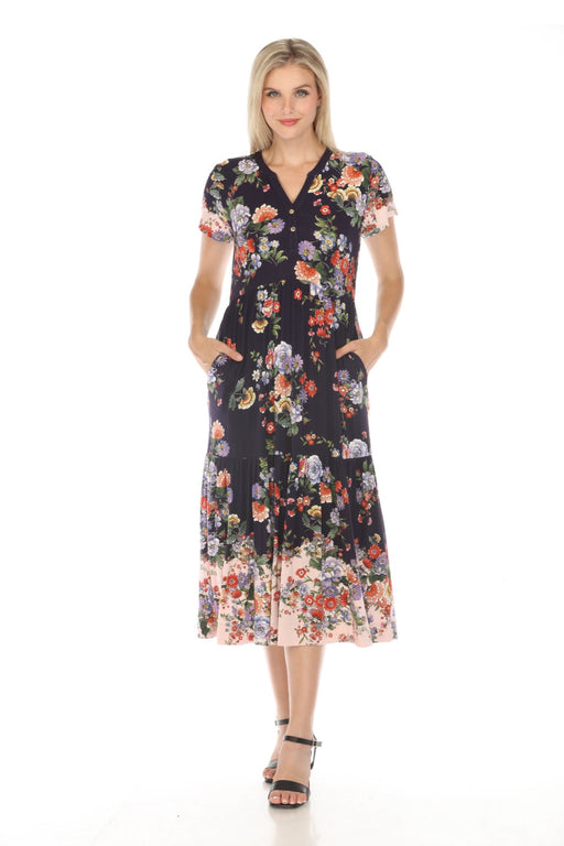 Johnny Was Style T35324 The Janie Elsa Favorite Tiered Henley Knit Floral Midi Dress Boho Chic