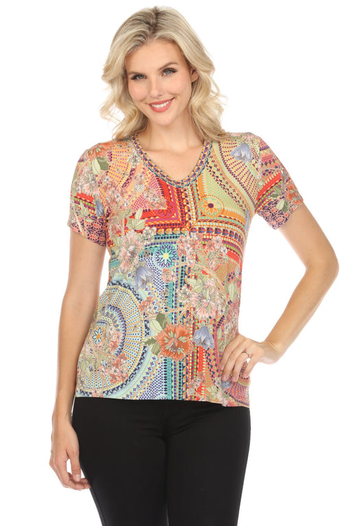 Johnny Was Style T17324 The Janie Mosaic Favorite Short Sleeve V-Neck Tee Boho Chic