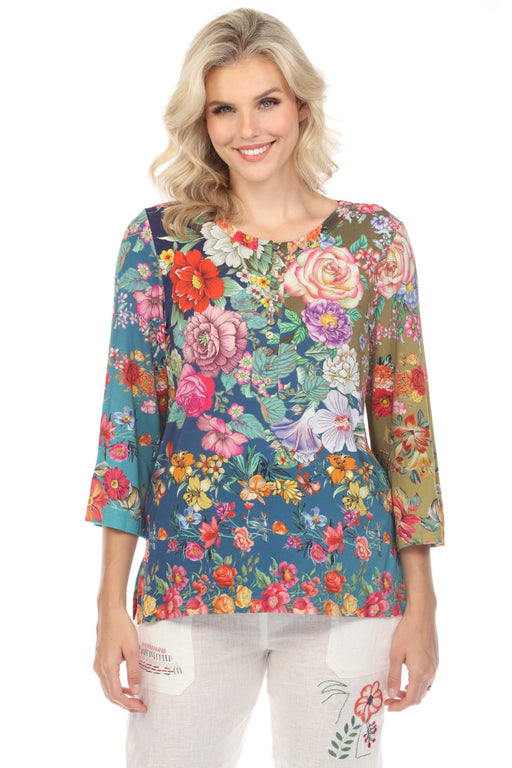 Johnny Was Style T16523-E The Janie Neutra Favorite Button Front Henley Floral Tee