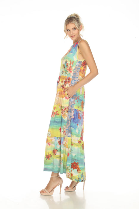 Johnny Was Tie-Dye Floral Sleeveless Tiered Maxi Dress Boho Chic T33423
