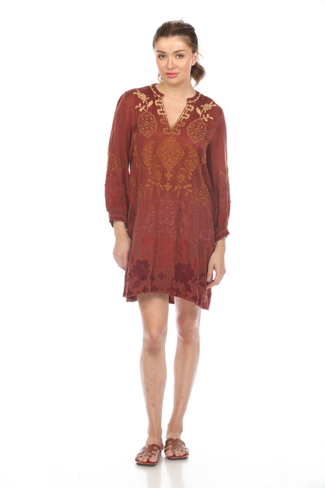 Johnny Was Workshop Style W31123 Dark Copper Kiana Bishop Sleeve V-Neck Dress Boho Chic