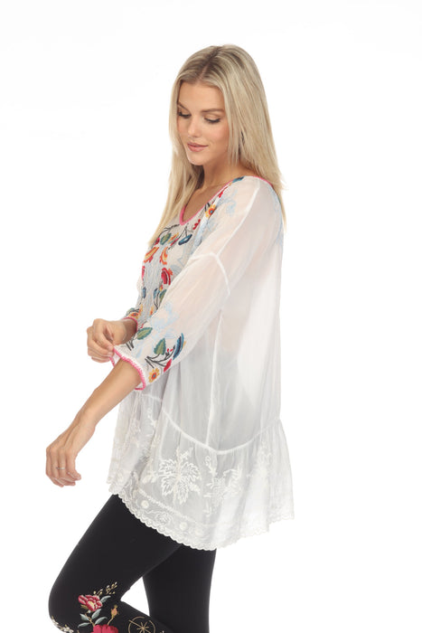 Johnny Was Cherie Floral Embroidered Tunic Top Boho Chic C25923