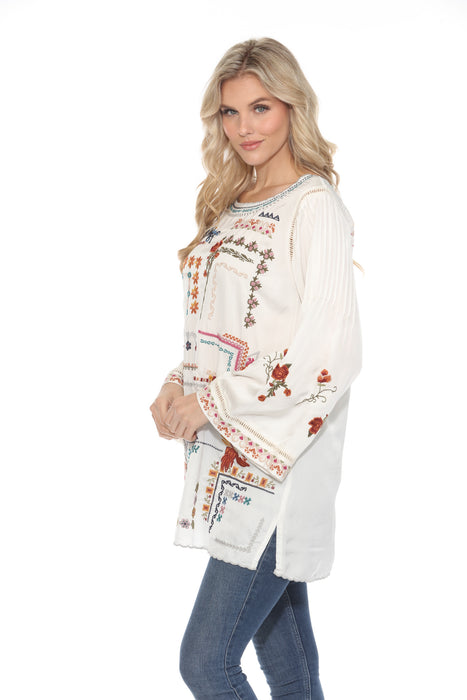 Johnny Was White Embroidered Long Sleeve Tunic Blouse C33323