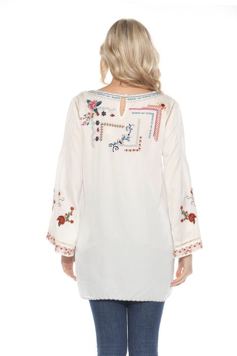 Johnny Was White Embroidered Long Sleeve Tunic Blouse C33323