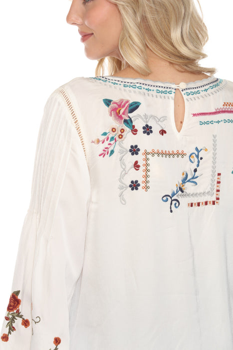 Johnny Was White Embroidered Long Sleeve Tunic Blouse C33323