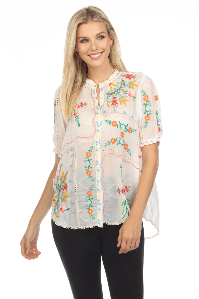 JOHNNY WAS Freya Blouse Embroidered V Neck Silky Cupra Rayon Boho Floral Beauty selling