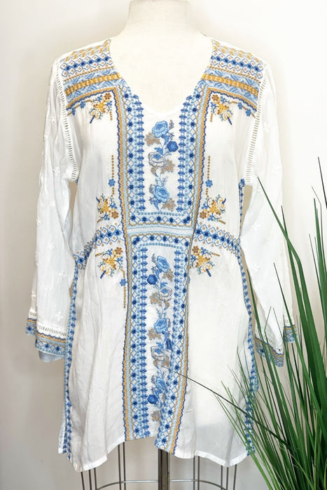 Johnny Was Style C20624 White Palmari Embroidered V-Neck Tunic Top