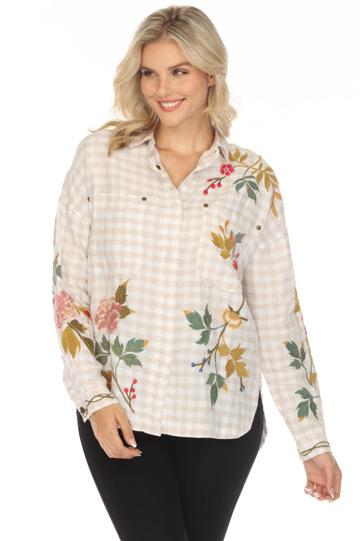 Johnny Was Workshop Style W41223 Adele Gingham Pocket Floral Embroidered Overshirt Boho Chic