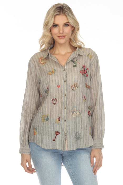 Johnny Was Workshop Style W15222 Alexandria Striped Embroidered Oversized Shirt Boho Chic