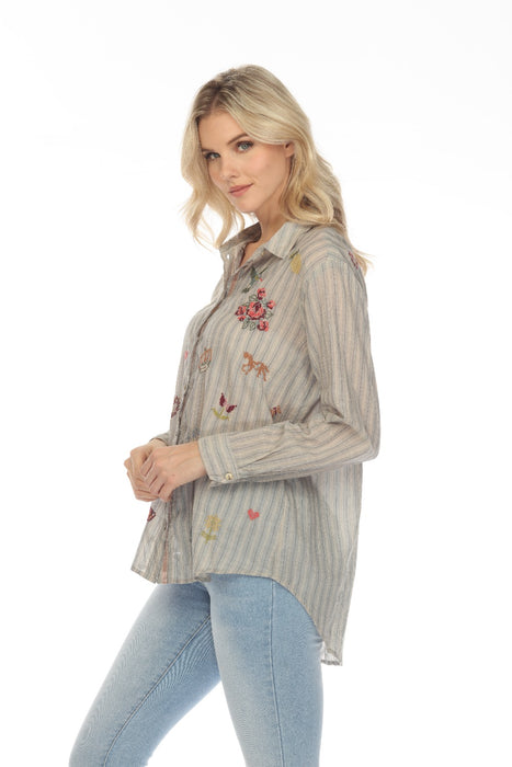 Johnny Was Workshop Alexandria Striped Embroidered Oversized Shirt Boho Chic W15222