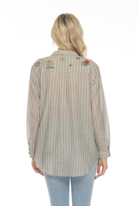 Johnny Was Workshop Alexandria Striped Embroidered Oversized Shirt Boho Chic W15222