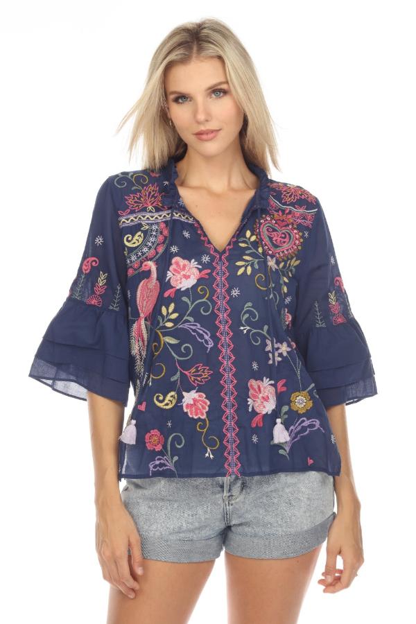 Johnny Was Pamela Floral Ruffle fashion Cuff Silk Blouse